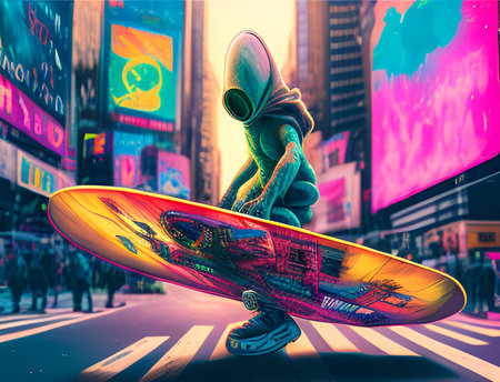 Surfer in Times Square, New York City, United States.の素材