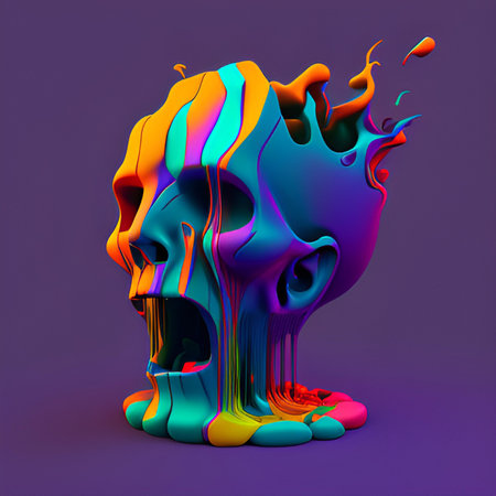 Skull with colorful abstract paint splash. 3d render illustration.の素材