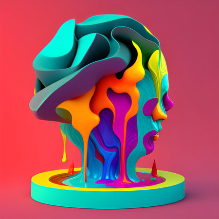 Abstract 3d illustration of a human head with multi-colored paint splashes.の素材