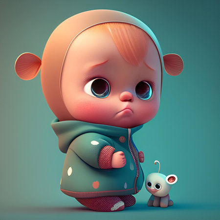 Cute little baby with a doll on a blue background. 3d renderingの素材