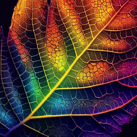 Macro closeup of a colorful autumn leaf with veins and patternsの素材