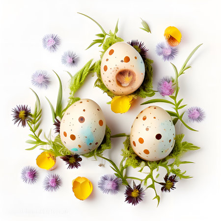 Easter eggs with flowers and grass on white background, top viewの素材