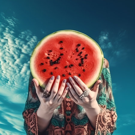 Young woman with a slice of watermelon on the background of the skyの素材