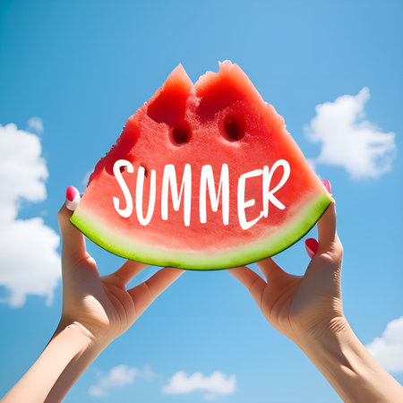 Female hands holding a slice of watermelon with the word summer on the sky backgroundの素材