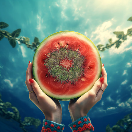 Beautiful woman hands holding watermelon with floral pattern on blue sky backgroundの素材
