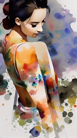 Beautiful young woman on abstract background. Digital watercolor painting.の素材