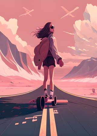 Young woman rides on a skateboard in the mountains. Vector illustration.の素材
