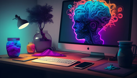 Creative brain illustration on computer screen. Artificial intelligence concept. 3D Renderingの素材