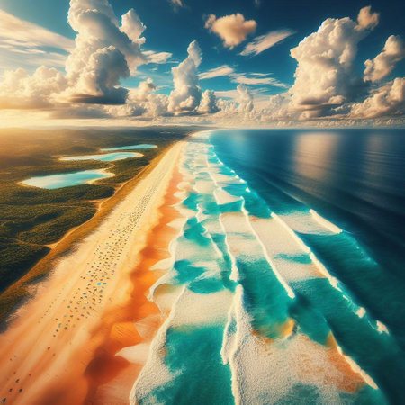 Aerial view of beautiful sandy beach at sunset. Colorful summer landscapeの写真素材