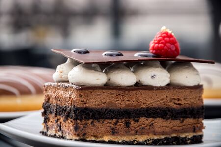 Close up chocolate cake with Raspberry, Sweet food.の写真素材