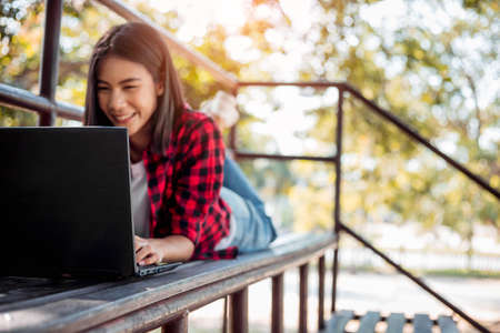 University student using laptop for study.  Education concept.の写真素材