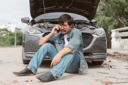 Man driver is using a mobile phone to call for help after car breakdown.の写真素材