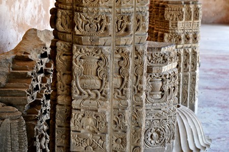 india - rajasthan - jaipur -march 28, 2018, there are some broken stone pole carving on it.のeditorial素材