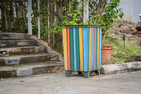 Colorful Wood Trash Bin in the park.の写真素材