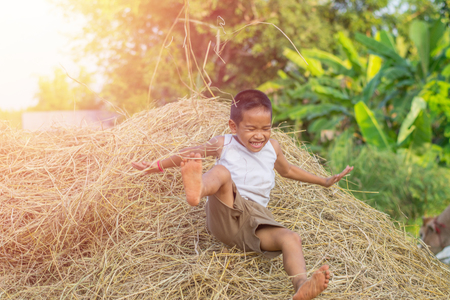 Happy Children wearing a white shirt is playing on straw.の写真素材