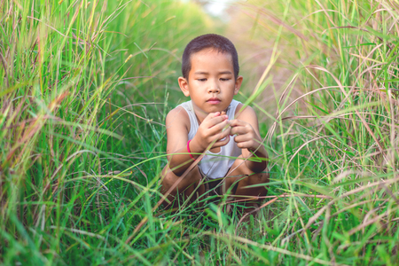 Happy Children wearing a white shirt playing in green farm field in summertime.の写真素材
