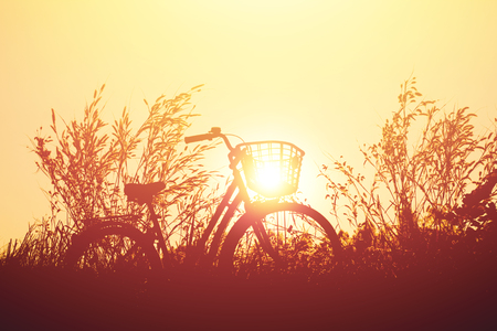 vintage bike  with beautiful landscape image on sunset.の写真素材