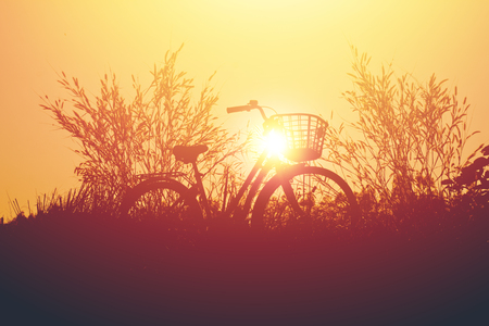 vintage bike  with beautiful landscape image on sunset.の写真素材