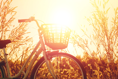 vintage bike  with beautiful landscape image on sunset.の写真素材