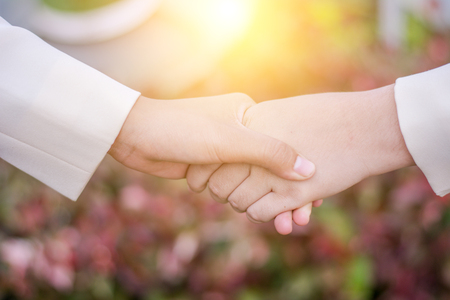 Close up of handshake on nature background. Teamwork concept.の写真素材