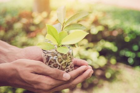 Hand holding seeds and seedlings in the jar.Ecology conserve concept.の写真素材
