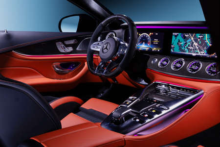 Russia Moscow 8 November 2019:Mercedes-Benz AMG GT car interior with expensive red leather carbon...