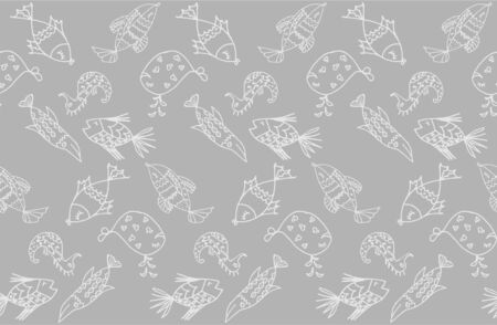 Cartoon fish, illustration of various marine animals, fish, whale, algae, backgrounds, seamless pattern,のイラスト素材