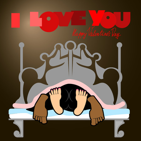 Valentine, joyful unusual Valentine\'s Day Card, a funny, dark background, sex on a bed, love and relationships between people, I love you. Man and woman On the bed in the dark. valentine funnyのイラスト素材