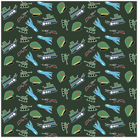 Military Background army seamless pattern. Tank, plane, cap, weapons, military ship. February 23のイラスト素材