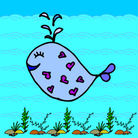 Cartoon fish, illustration of various marine animals, whale, algaeのイラスト素材