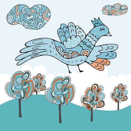 Ptitsf fly, trees, clouds in the sky. world vector illustration.のイラスト素材