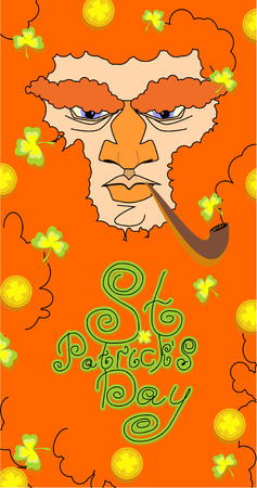 Card St. Patrick\'s Day. Portrait of a leprechaun. Background St. Patrick\'s Day. A bearded old man with a pipe, shamrock, coins. A long beardのイラスト素材