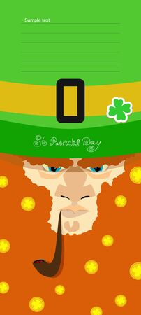 Card St. Patrick\'s Day. Portrait of a leprechaun. Background St. Patrick\'s Day. A bearded old man with a pipe, shamrock, coins. A long beardのイラスト素材