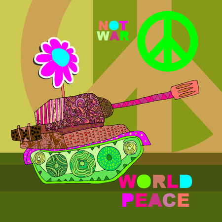 No war Postcard, poster. hippie background. world peace. Cartoon tankのイラスト素材