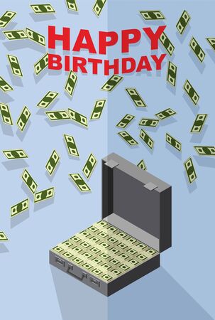 Happy Birthday. Falling money. Case of money. Wealth. Congratulations greeting card. vector illustration.のイラスト素材