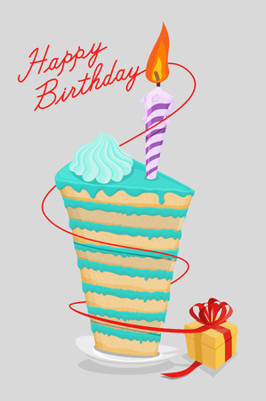 high cake birthday with candle. piece of cake on a plate. Gift. Vector illustrationのイラスト素材