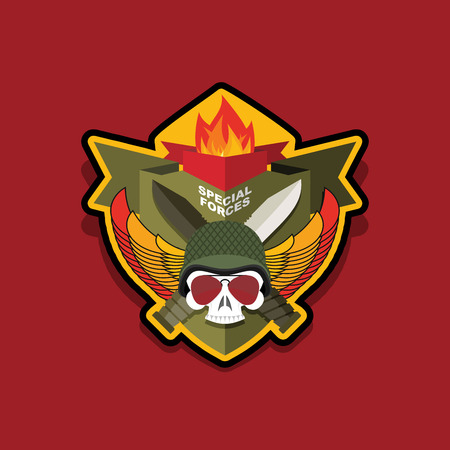 Special forces emblem. Military logo embroidery. Skull helmet with machine guns. Shield with wings. Emblem for troopsのイラスト素材