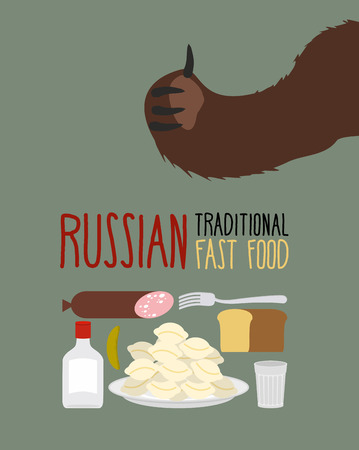 Russian traditional fast food. Bear approves. Vodka and dumplingsのイラスト素材