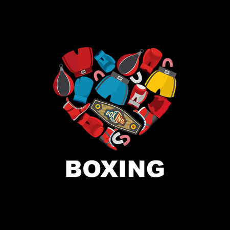 Symbol of the heart of boxing gear: helmet shorts and boxing gloves. I love boxing.のイラスト素材