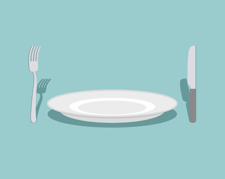 Cutlery: knife and fork plate. On a green background. Rule table. のイラスト素材