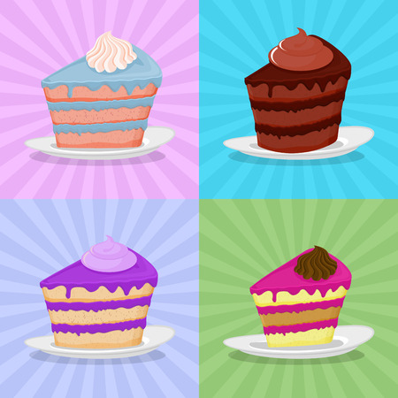 Set a piece of cake on a plate. Cake on a bright background. Strawberry cake. Chocolate cake in a retro style.のイラスト素材
