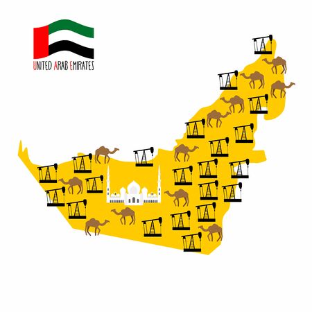 Map United Arab Emirates UAE. Desert and oil rigs. Infographics minerals oil and animal world: camels. Abu Dhabi Sheikh Zayed White Mosque. Vector illustrationのイラスト素材
