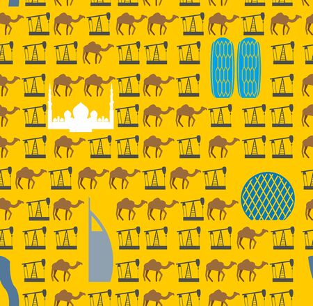 Landmarks In UAE and camels, oil pumps in desert seamless pattern. Vector background United Arab Emirates Abu Dhabi skyline-flat design.のイラスト素材