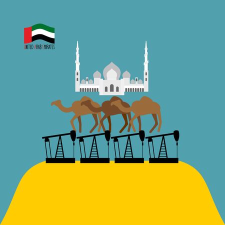 UAE Structure. Sheikh Zayed mosque white is based on three camels. Camels stand on oil rigs. Oil pumps are on desert. Infographics United Arab Emirates. Vector illustrations.のイラスト素材
