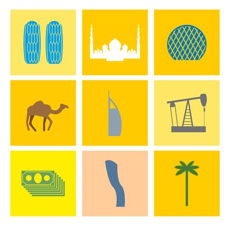 UAE landmark icons set. Camels and oil pumps. Palm trees and skyscrapers. Landmarks in United Arab Emirates. Vector Flat design.のイラスト素材