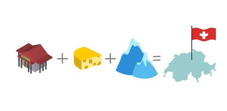 Symbols of Switzerland. Mathematical formula: Bank and cheese plus Alps as well the map and flag of Switzerland. Vector illustrationのイラスト素材