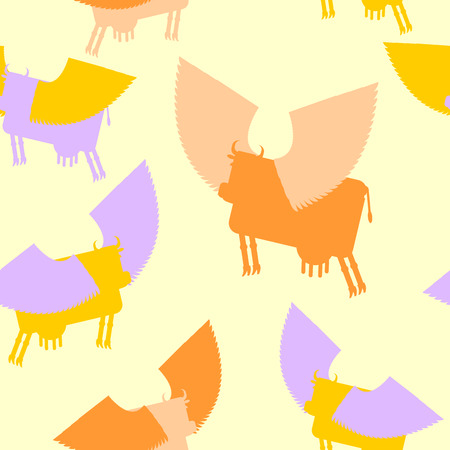 Cow wings seamless pattern. Colored Silhouettes Flying animal. vector background of Fantastic mammal.のイラスト素材
