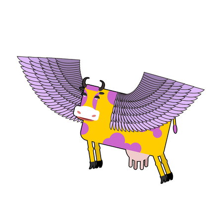 Cow with purple wings. Flying animal. vector illustration. Fantastic mammal.のイラスト素材