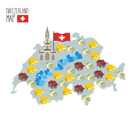 Map of Switzerland. Attraction of Berne Cathedral. Characteristics and symbols of country: cheese and banks, money and  Alps. Vector illustrationのイラスト素材