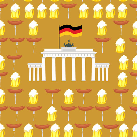 German seamless ornament. Symbols of Germany: beer and sausages.  German flag and  Brandenburg Gate. Vector background.のイラスト素材